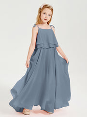 Robes de Demoiselle d'Honneur Junior en Mousseline avec Nœud Papillon Bleu Poudré
