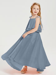 Robes de Demoiselle d'Honneur Junior en Mousseline avec Nœud Papillon Bleu Poudré