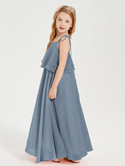 Robes de Demoiselle d'Honneur Junior en Mousseline avec Nœud Papillon Bleu Poudré