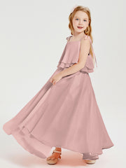 Robes de Demoiselle d'Honneur Junior en Mousseline avec Nœud Papillon Rose Poudré