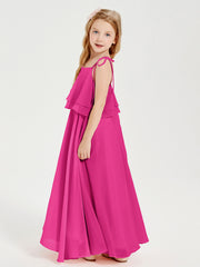 Robes de Demoiselle d'Honneur Junior en Mousseline avec Nœud Papillon Fuchsia