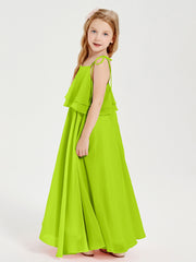 Robes de Demoiselle d'Honneur Junior en Mousseline avec Nœud Papillon Vert Citron