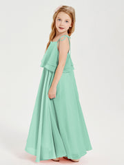 Robes de Demoiselle d'Honneur Junior en Mousseline avec Nœud Papillon Vert Menthe