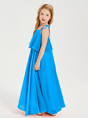 Robes de Demoiselle d'Honneur Junior en Mousseline avec Nœud Papillon Bleu Océan