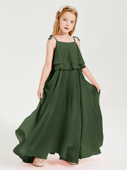 Robes de Demoiselle d'Honneur Junior en Mousseline avec Nœud Papillon Olive Verte