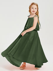 Robes de Demoiselle d'Honneur Junior en Mousseline avec Nœud Papillon Olive Verte