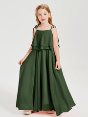 Robes de Demoiselle d'Honneur Junior en Mousseline avec Nœud Papillon Olive Verte