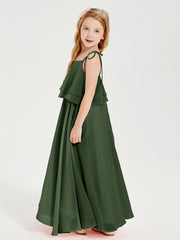 Robes de Demoiselle d'Honneur Junior en Mousseline avec Nœud Papillon Olive Verte