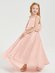 Robes de Demoiselle d'Honneur Junior en Mousseline avec Nœud Papillon Rose Perle