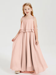 Robes de Demoiselle d'Honneur Junior en Mousseline avec Nœud Papillon Rose Perle