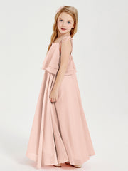 Robes de Demoiselle d'Honneur Junior en Mousseline avec Nœud Papillon Rose Perle