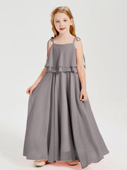 Robes de Demoiselle d'Honneur Junior en Mousseline avec Nœud Papillon Argent
