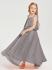 Robes de Demoiselle d'Honneur Junior en Mousseline avec Nœud Papillon Argent