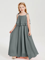 Robes de Demoiselle d'Honneur Junior en Mousseline avec Nœud Papillon Gris Acier