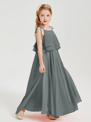 Robes de Demoiselle d'Honneur Junior en Mousseline avec Nœud Papillon Gris Acier