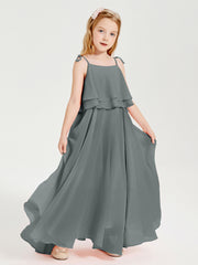 Robes de Demoiselle d'Honneur Junior en Mousseline avec Nœud Papillon Gris Acier