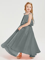 Robes de Demoiselle d'Honneur Junior en Mousseline avec Nœud Papillon Gris Acier