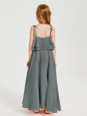 Robes de Demoiselle d'Honneur Junior en Mousseline avec Nœud Papillon Gris Acier