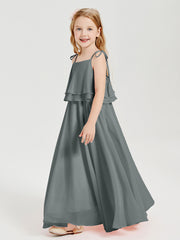 Robes de Demoiselle d'Honneur Junior en Mousseline avec Nœud Papillon Gris Acier