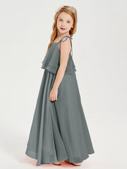 Robes de Demoiselle d'Honneur Junior en Mousseline avec Nœud Papillon Gris Acier