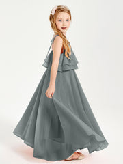 Robes de Demoiselle d'Honneur Junior en Mousseline avec Nœud Papillon Gris Acier
