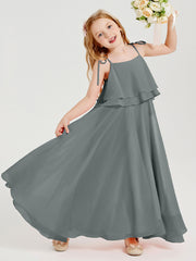 Robes de Demoiselle d'Honneur Junior en Mousseline avec Nœud Papillon Gris Acier