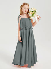 Robes de Demoiselle d'Honneur Junior en Mousseline avec Nœud Papillon Gris Acier