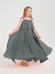 Robes de Demoiselle d'Honneur Junior en Mousseline avec Nœud Papillon Gris Acier