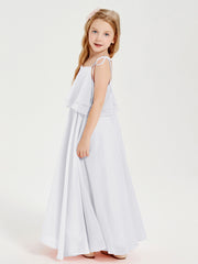 Robes de Demoiselle d'Honneur Junior en Mousseline avec Nœud Papillon Blanc
