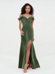 Hors de l'Epaule Robes Longues en Velours avec Fente Olive Verte
