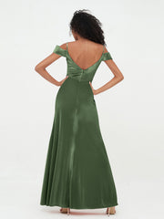 Hors de l'Epaule Robes Longues en Velours avec Fente Olive Verte
