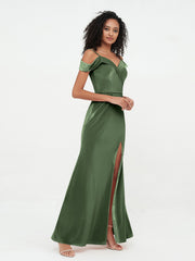 Hors de l'Epaule Robes Longues en Velours avec Fente Olive Verte Grande Taille