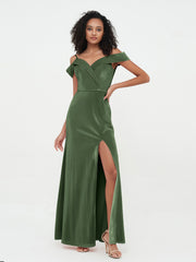 Hors de l'Epaule Robes Longues en Velours avec Fente Olive Verte