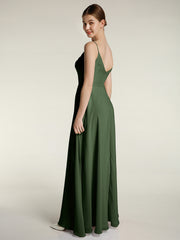 Spaghetti Bretelles Mousseline Robes Avec Col En Cœur Olive Verte