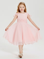 Robes de Demoiselle d'Honneur Junior en Mousseline à Longueur de Mollet Rose Pâle