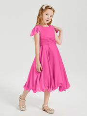 Robes de Demoiselle d'Honneur Junior en Mousseline à Longueur de Mollet Azalée