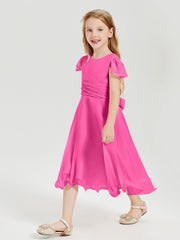 Robes de Demoiselle d'Honneur Junior en Mousseline à Longueur de Mollet Azalée