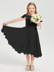 Robes de Demoiselle d'Honneur Junior en Mousseline à Longueur de Mollet Noir