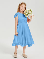 Robes de Demoiselle d'Honneur Junior en Mousseline à Longueur de Mollet Bleu