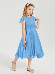 Robes de Demoiselle d'Honneur Junior en Mousseline à Longueur de Mollet Bleu