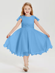 Robes de Demoiselle d'Honneur Junior en Mousseline à Longueur de Mollet Bleu