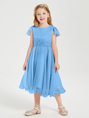 Robes de Demoiselle d'Honneur Junior en Mousseline à Longueur de Mollet Bleu