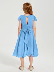 Robes de Demoiselle d'Honneur Junior en Mousseline à Longueur de Mollet Bleu