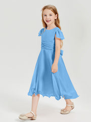 Robes de Demoiselle d'Honneur Junior en Mousseline à Longueur de Mollet Bleu
