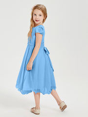 Robes de Demoiselle d'Honneur Junior en Mousseline à Longueur de Mollet Bleu