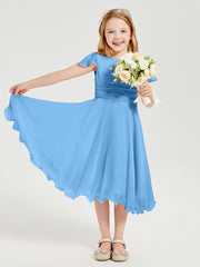 Robes de Demoiselle d'Honneur Junior en Mousseline à Longueur de Mollet Bleu