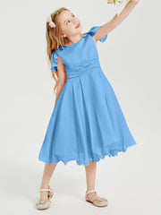 Robes de Demoiselle d'Honneur Junior en Mousseline à Longueur de Mollet Bleu