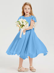 Robes de Demoiselle d'Honneur Junior en Mousseline à Longueur de Mollet Bleu