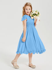 Robes de Demoiselle d'Honneur Junior en Mousseline à Longueur de Mollet Bleu