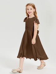 Robes de Demoiselle d'Honneur Junior en Mousseline à Longueur de Mollet Brun